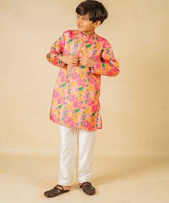 Boys light pink floral digital printed kurta with white pant (set of 2) 4