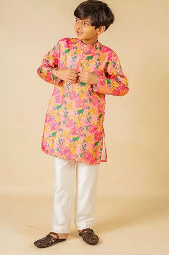 Boys light pink floral digital printed kurta with white pant (set of 2)