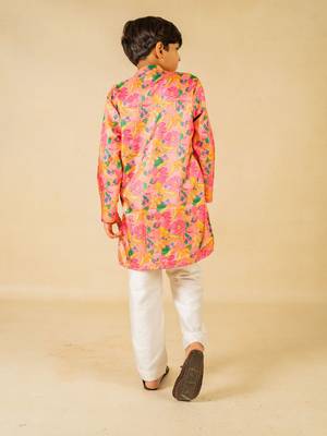 Boys light pink floral digital printed kurta with white pant (set of 2) 5