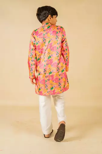 Boys light pink floral digital printed kurta with white pant (set of 2)