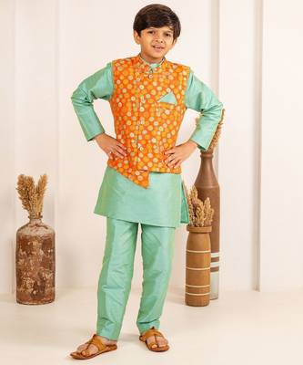 Boys turquois kurta and pant with orange ethnic jacket(set of 3) 1