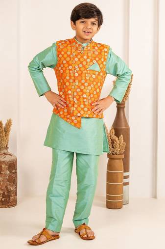 Boys turquois kurta and pant with orange ethnic jacket(set of 3)