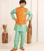 Boys turquois kurta and pant with orange ethnic jacket(set of 3)