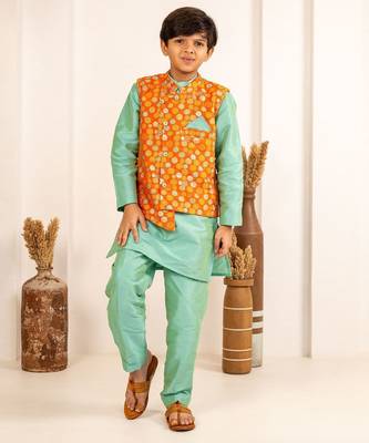 Boys turquois kurta and pant with orange ethnic jacket(set of 3) 2