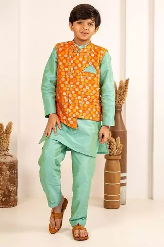 Boys turquois kurta and pant with orange ethnic jacket(set of 3)