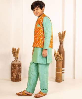 Boys turquois kurta and pant with orange ethnic jacket(set of 3) 3
