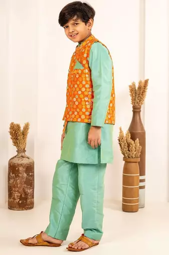 Boys turquois kurta and pant with orange ethnic jacket(set of 3)