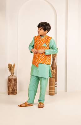 Boys turquois kurta and pant with orange ethnic jacket(set of 3) 4