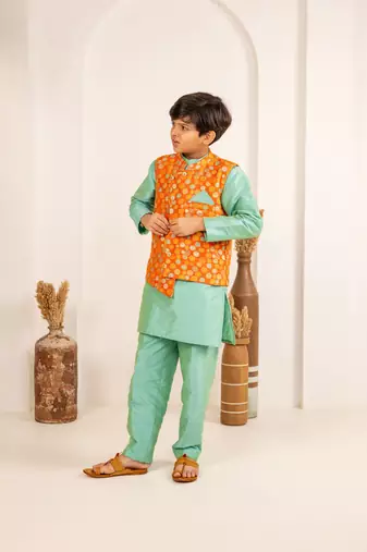 Boys turquois kurta and pant with orange ethnic jacket(set of 3)