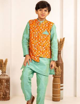 Boys turquois kurta and pant with orange ethnic jacket(set of 3) 5