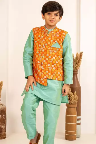 Boys turquois kurta and pant with orange ethnic jacket(set of 3)