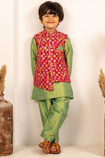 Boys lime green kurta and white pant with pink ethnic jacket(set of 3)