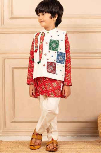 Boys digital patola print kurta and white pant with hand worked jacket (set of 3)