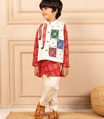 Boys digital patola print kurta and white pant with hand worked jacket (set of 3)