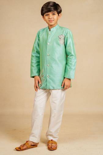 Boys hand embroidered turquois blue  kurta and pant (set of 2)