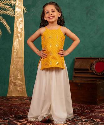 Girls moonga mirror work yellow cotton ethnic sleeveless strap top with off-white palazzo (set of 2) 1