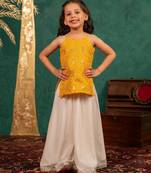 Girls moonga mirror work yellow cotton ethnic sleeveless strap top with off-white palazzo (set of 2)