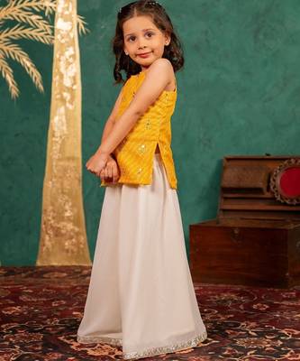 Girls moonga mirror work yellow cotton ethnic sleeveless strap top with off-white palazzo (set of 2) 3
