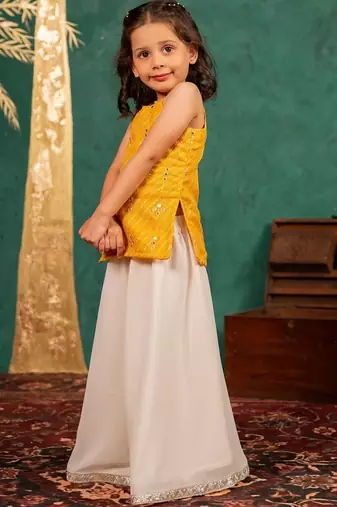 Girls moonga mirror work yellow cotton ethnic sleeveless strap top with off-white palazzo (set of 2)