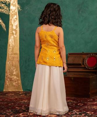 Girls moonga mirror work yellow cotton ethnic sleeveless strap top with off-white palazzo (set of 2) 4