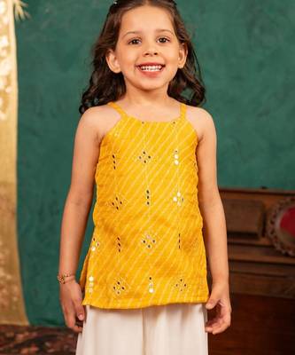 Girls moonga mirror work yellow cotton ethnic sleeveless strap top with off-white palazzo (set of 2) 5