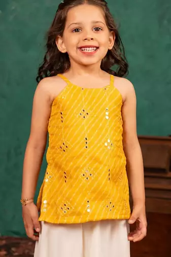 Girls moonga mirror work yellow cotton ethnic sleeveless strap top with off-white palazzo (set of 2)