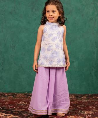 Girls moonga floral digital printed cotton ethnic sleeveless top with purple palazzo (set of 2) 1