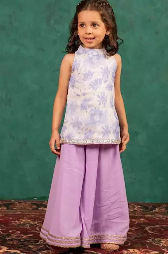 Girls moonga floral digital printed cotton ethnic sleeveless top with purple palazzo (set of 2)