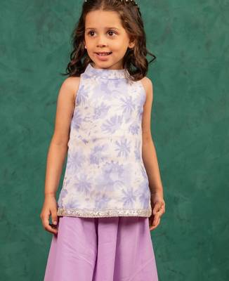 Girls moonga floral digital printed cotton ethnic sleeveless top with purple palazzo (set of 2) 2