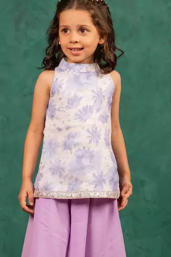 Girls moonga floral digital printed cotton ethnic sleeveless top with purple palazzo (set of 2)