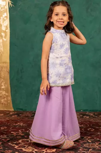 Girls moonga floral digital printed cotton ethnic sleeveless top with purple palazzo (set of 2)