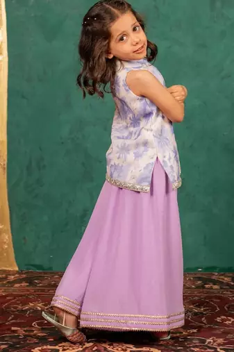 Girls moonga floral digital printed cotton ethnic sleeveless top with purple palazzo (set of 2)