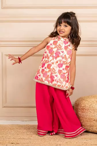 Girls moonga floral digtal printed sleeveless top with pink  sharara (set of 2)