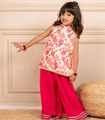 Girls moonga floral digtal printed sleeveless top with pink  sharara (set of 2)