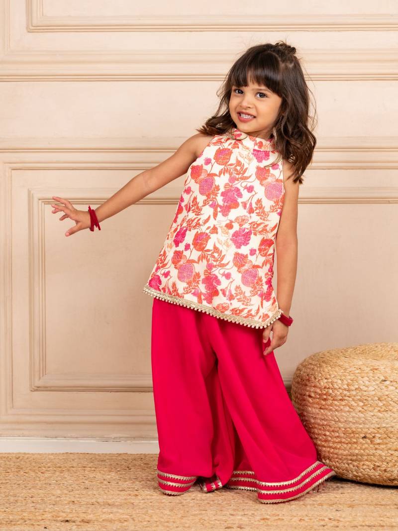 Girls moonga floral digtal printed sleeveless top with pink  sharara (set of 2)