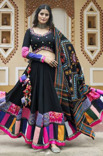 Eilara Black Embroidered Mirror Work Rayon Navratri Lehenga Choli