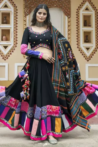Eilara Black Embroidered Mirror Work Rayon Navratri Lehenga Choli