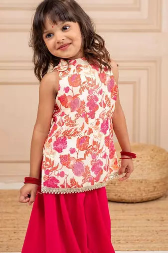 Girls moonga floral digtal printed sleeveless top with pink  sharara (set of 2)