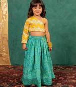 Girls one shoulder yellow top with bandhni mirror work lehenga (set of 2)