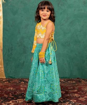 Girls one shoulder yellow top with bandhni mirror work lehenga (set of 2) 2