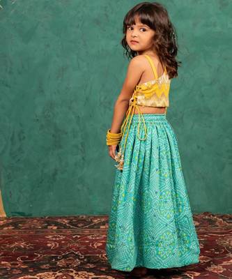 Girls one shoulder yellow top with bandhni mirror work lehenga (set of 2) 4