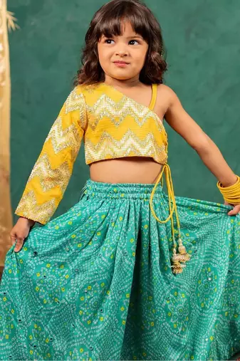 Girls one shoulder yellow top with bandhni mirror work lehenga (set of 2)