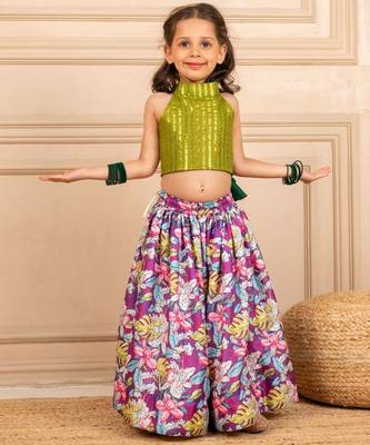 Girls green lurex sleeveless top and roman printed lehenga (set of 2) 1