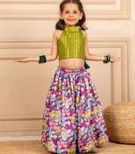Girls green lurex sleeveless top and roman printed lehenga (set of 2)