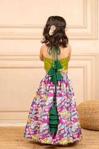 Girls green lurex sleeveless top and roman printed lehenga (set of 2)