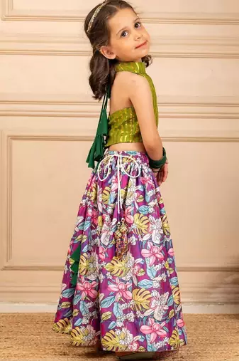 Girls green lurex sleeveless top and roman printed lehenga (set of 2)