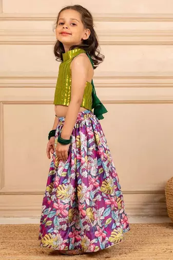 Girls green lurex sleeveless top and roman printed lehenga (set of 2)