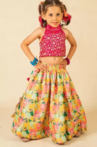 Girls pink sleeveless top and roman printed lehenga (set of 2)