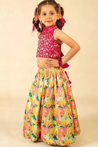 Girls pink sleeveless top and roman printed lehenga (set of 2)