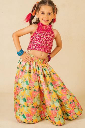 Girls pink sleeveless top and roman printed lehenga (set of 2)